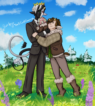 A drawing of the Underscore Beloved family. Ranboo stands with Michael in his arms, and Tubbo stands on his tippy-toes to reach up and hug them both. They're all standing in a flower-filled meadow on a sunny day in Snowchester.